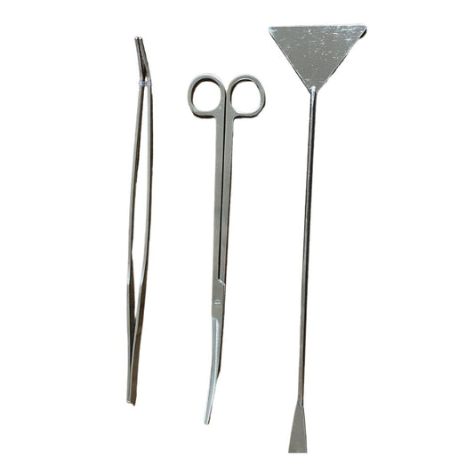 Aquascaping Tool Set features stainless steel tweezers, curved blade scissors, and spatula.